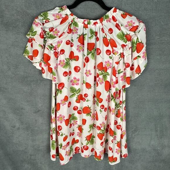 Rose Olive Top Womens 1X White Strawberry Cherry Ruffle Summer Preppy Whimsy - Picture 7 of 14
